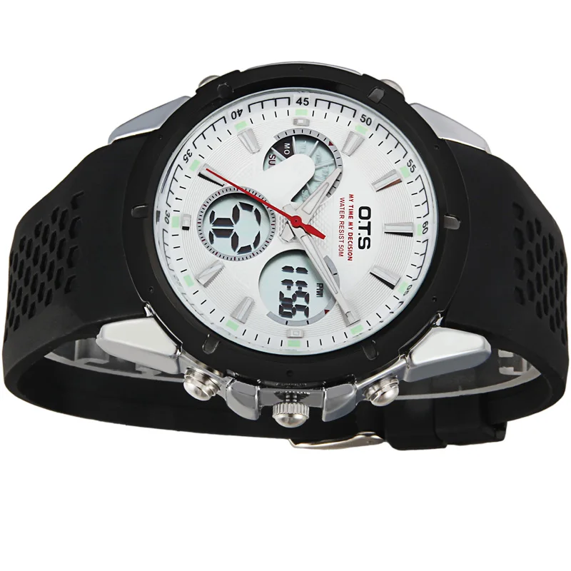 OTS спортивные часы dual time Авто Дата День светодиодный Будильник черный резиновый