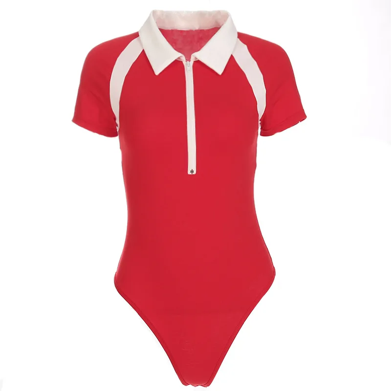 

Turndown collar Zipper Up Bodycon Jumpsuit Red Patchwork Red Skinny Short Sleeve Cotton Casual Women Bodysuit OL Ladies