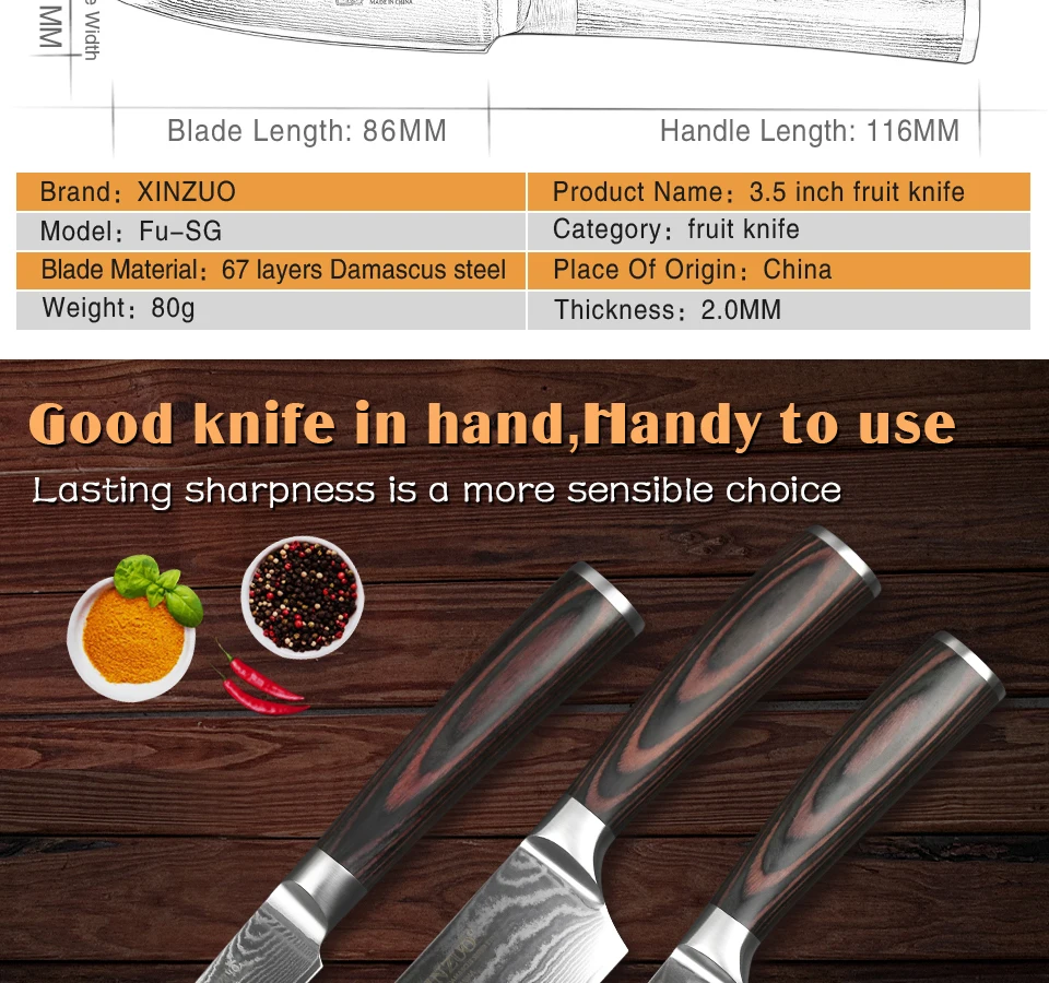 XINZUO 3 шт. набор кухонных столовых приборов японский шеф-повар Santoku Фруктовые Ножи Дамасская сталь кухонный нож Pakka Деревянная Ручка новое поступление
