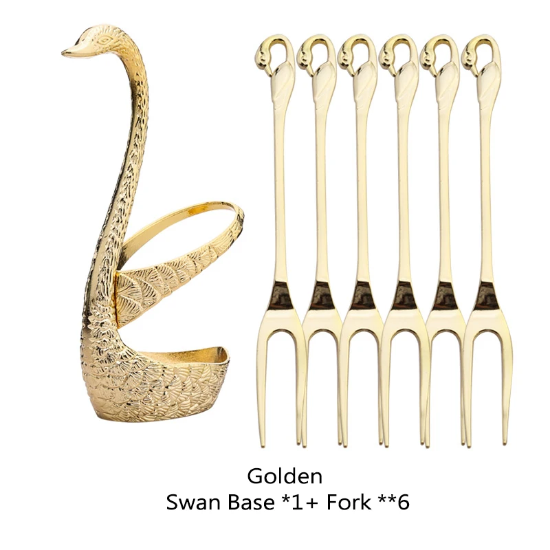 gold set-6fork Лебедь База держатель фрукты вилки набор нержавеющая сталь салат десерт вилки ложка кофе Торт Инструменты посуда - Цвет: gold set-6fork