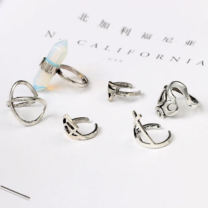 IFFURMON Vintage Wedding Ring Set Hollow Antique Silver Lucky Midi Rings Women Boho Jewelry Gypsy Adjustable Knuckle 6pcs | Украшения и