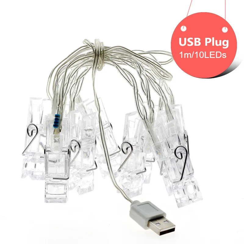 1 м/2 м/4 м зажим для фото USB светодиодный гирлянды на батарейках для рождества, Нового года, вечерние, свадебные украшения для дома, сказочные огни - Испускаемый цвет: USB 1M 10LEDs