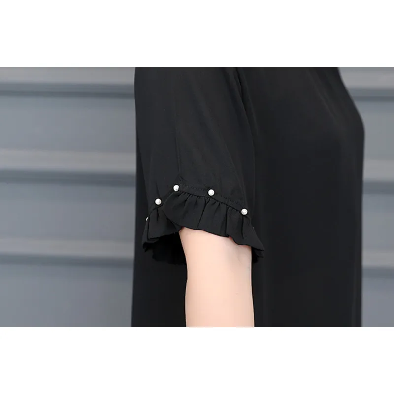 

Women's Chiffon T-shirt Summer 2021 New Fashion Casual Beading Ruffles Short-sleeve Loose Pullovers Tops Tees Female Black Tops