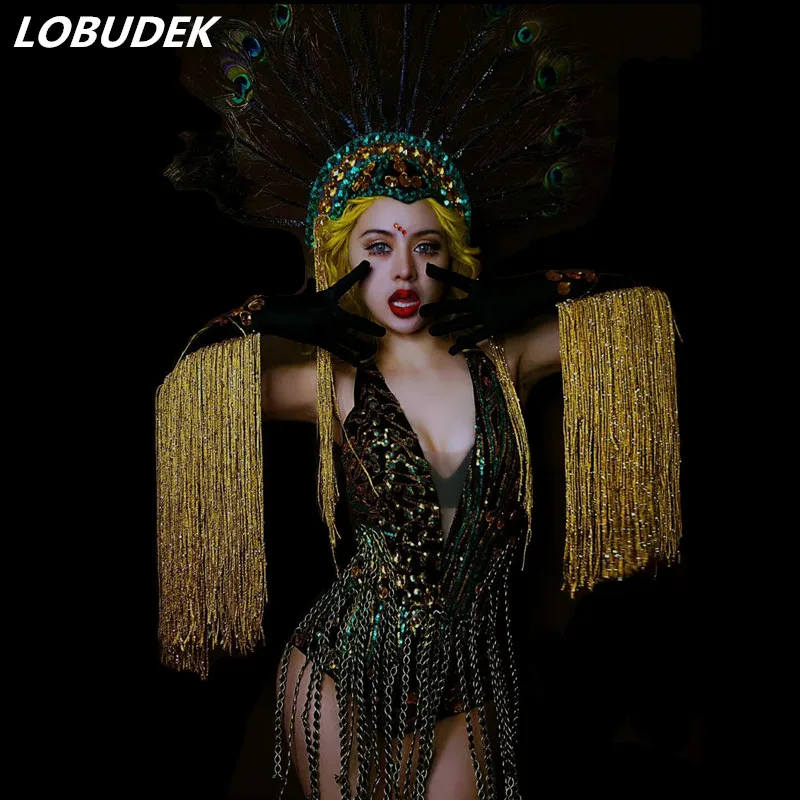 

Sexy Female Leading Dancer Stage Bodysuit V Neck Sequins Tassels Jumpsuit Party Nightclub Dance Performance Costume