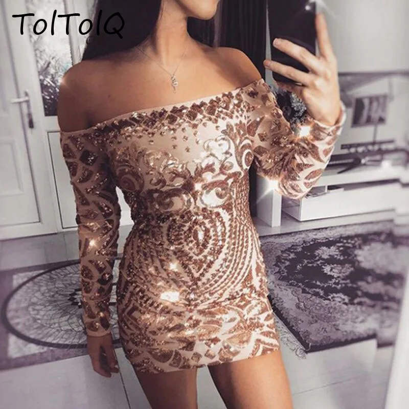 Женское мини-платье TolTolQ с открытыми плечами и блестками на осень/зиму 2019 |