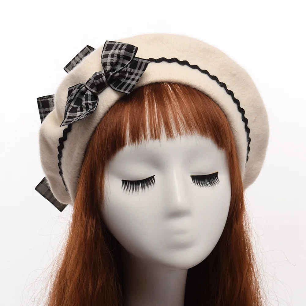 Plaid Bow Beige Шерстяная Шапка-берет в стиле Лолиты, ручная работа, рельефная шапка для женщин и девочек с бантом, Шапка-бини - Цвет: Plaid Bow Beige