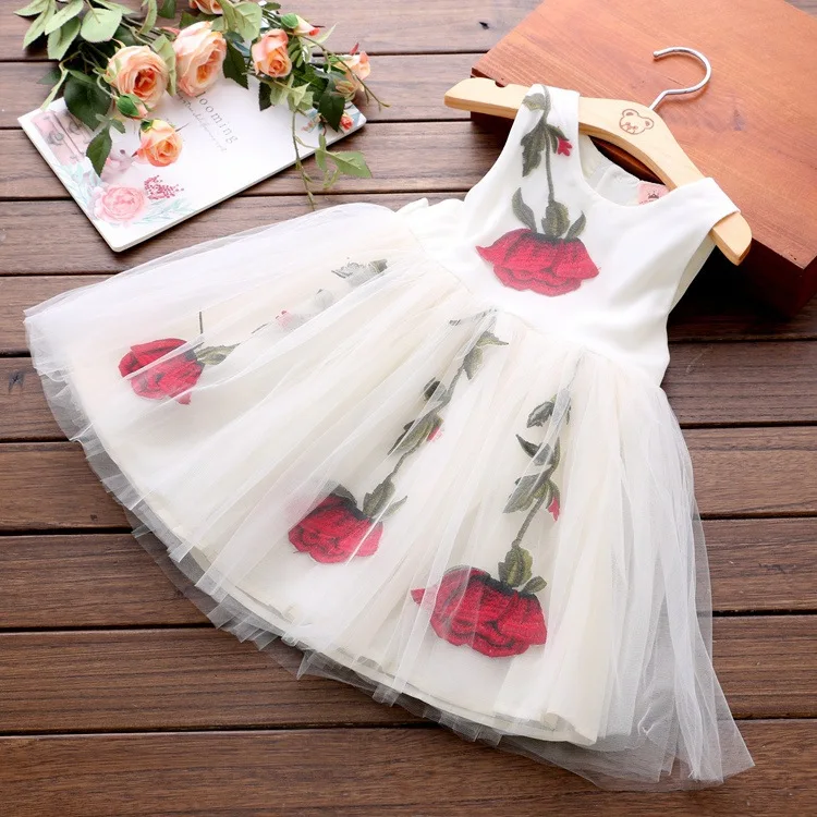 Дети Детские Девушки Красная Роза Цветок Платье Детей Невесты Малыша Вышивка