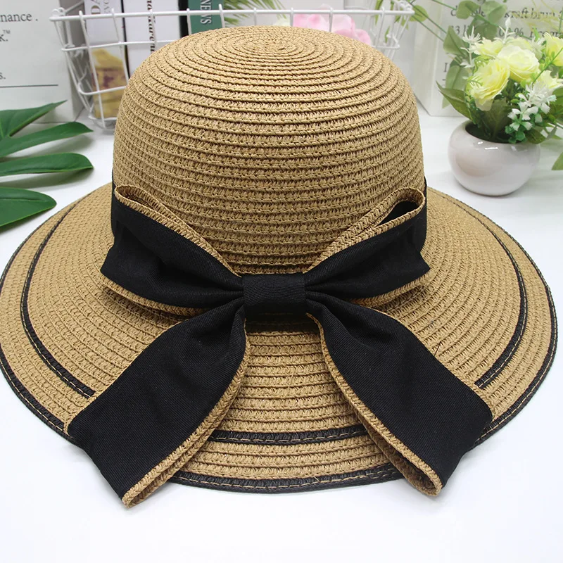 

2019 Women Summer Hat Beach Straw Hat Panama Ladies Cap Fashionable Handmade Casual Flat Brim Bowknot Sun Hats for Women gorras