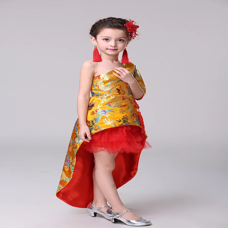 Китайские традиционные дети Cheongsam девушки детей желтый со шлейфом принцесса цветы Qipao на день рождения и свадьбу Oriental Платья для вечеринок