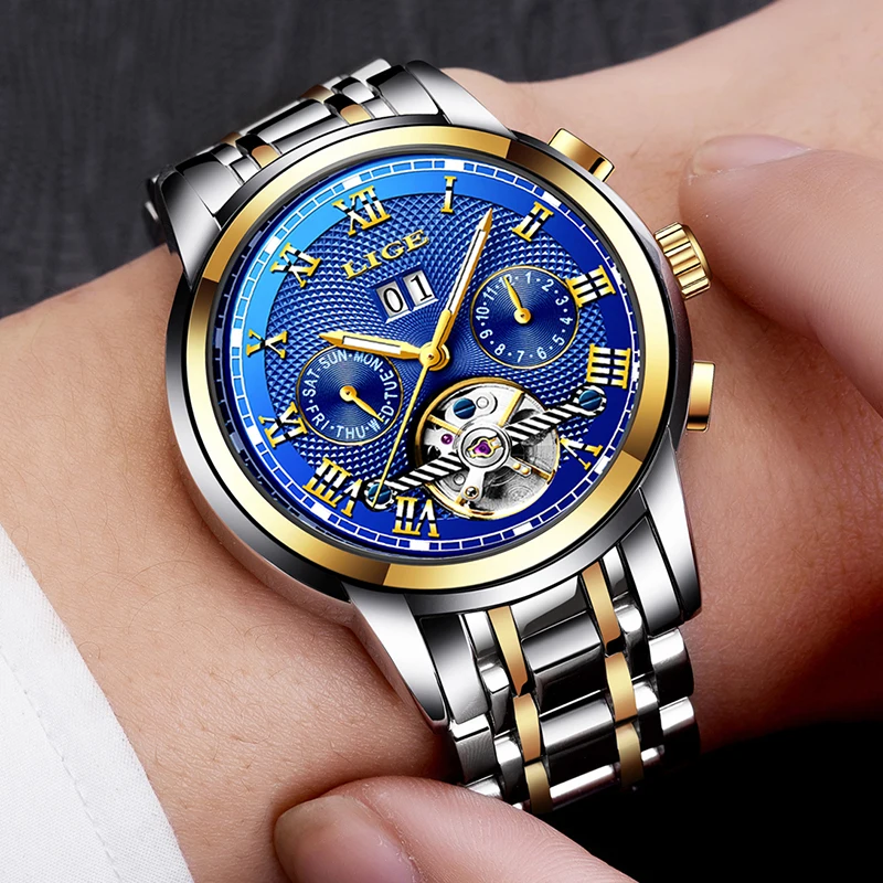 

LIGE Men Classic Mechanical Watch Mens Stainless Steel Watch Top Brand Luxury Men Watch Transport Wholesale Relojes Hombre+BOX