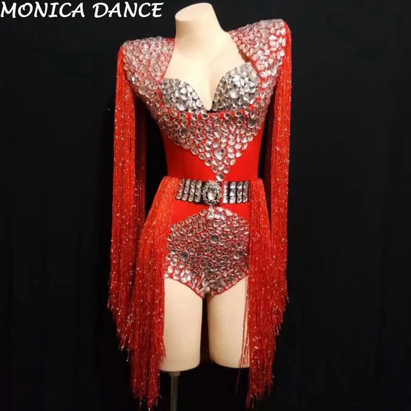

Sexy Blue Red Big Rhinestones Tassel Bodysuit Bra Women's Birthday Celebrate Outfit DJ Women Singer Show Nightclub Costume