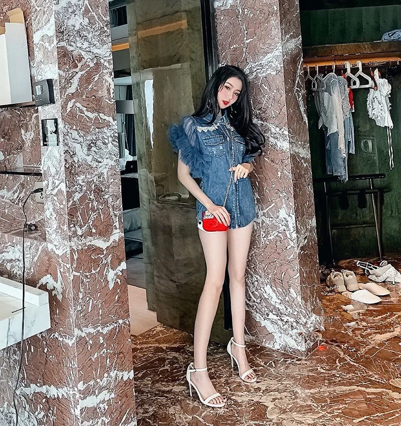 WHITNEY WANG Лето 2019 г. модная уличная оборками с сетчатыми рукавами Лоскутная