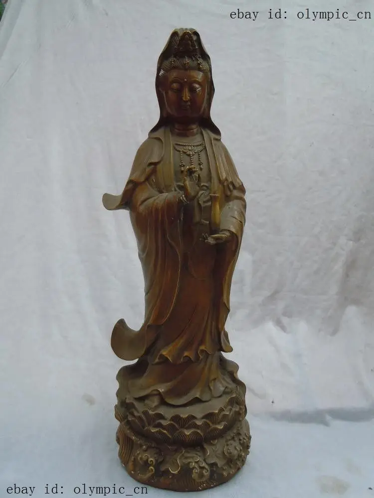 

18" Chinese Brass copper carved plant oneself Kwan-yin buddha Sculpture Statue