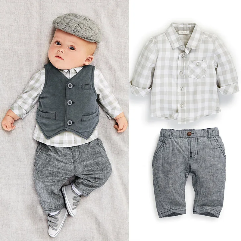 

Spring Baby Boy Clothing Set 3Pcs Cotton Baby Boy Clothes Roupas Bebe Plaid Shirt Pants Gentleman Kids Clothing For Birthday