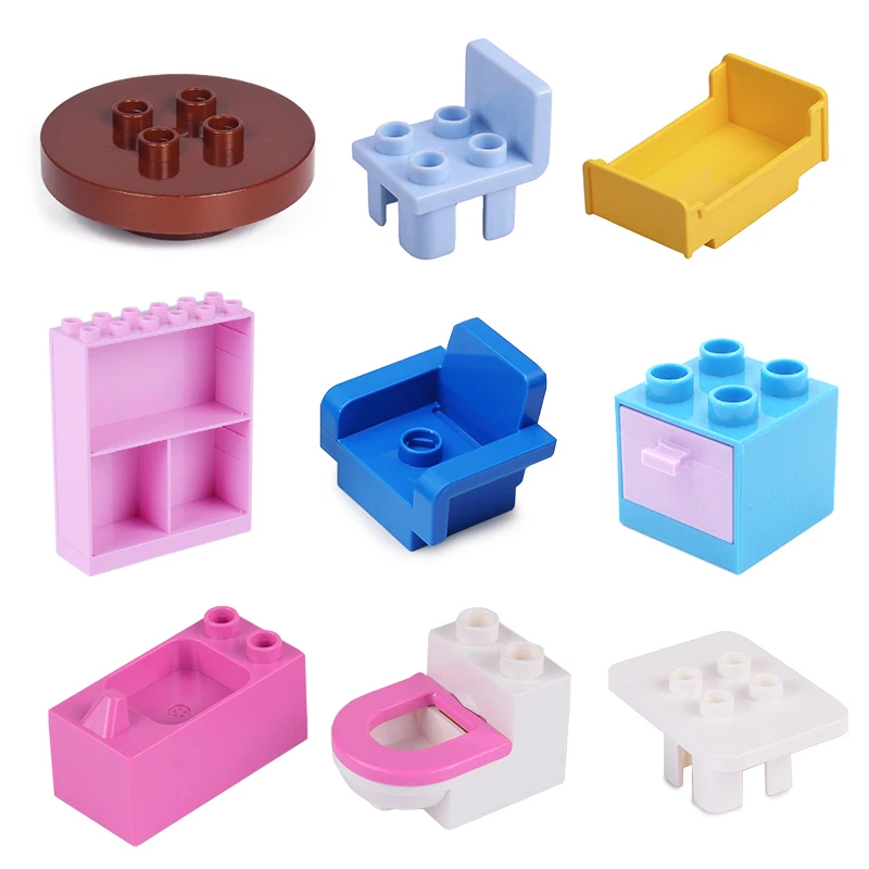 

Building Block Table Chair Cradle Accessories Bathroom Home Furnishing Decoration Brick Play House Girl Toys For Children Gift