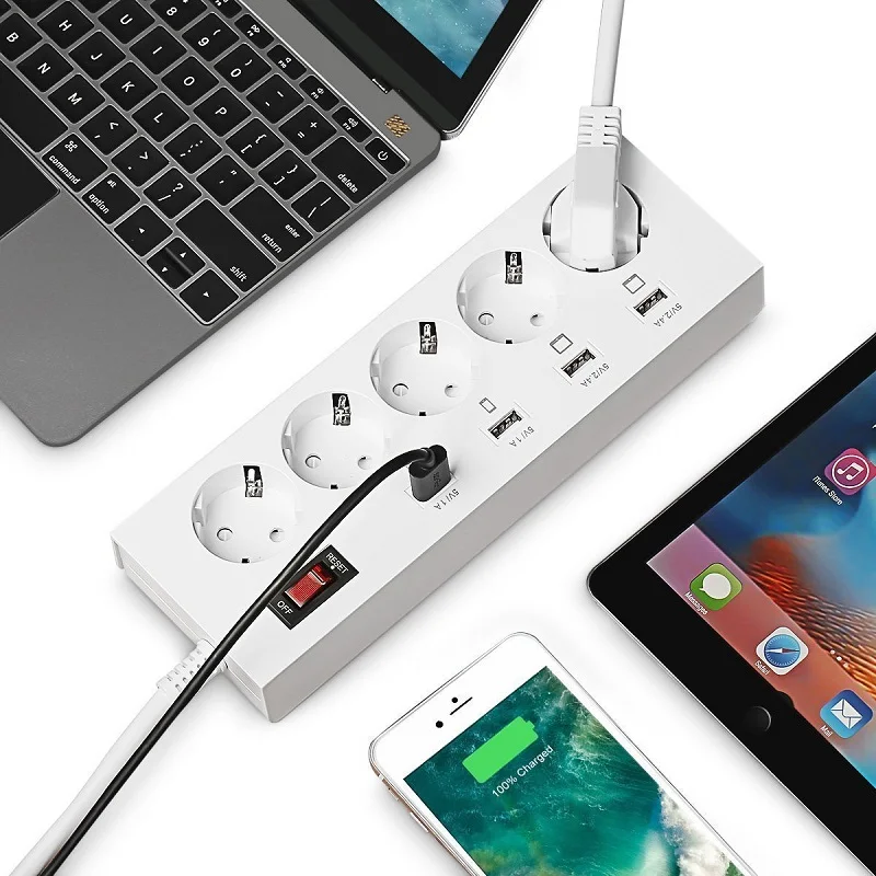 Электрическая розетка ЕС Plug мощность полосы 4 AC ЕС Plug Outlet 5 В в 2.4A 6USB зарядки мощность доска 1,8 м удлинитель