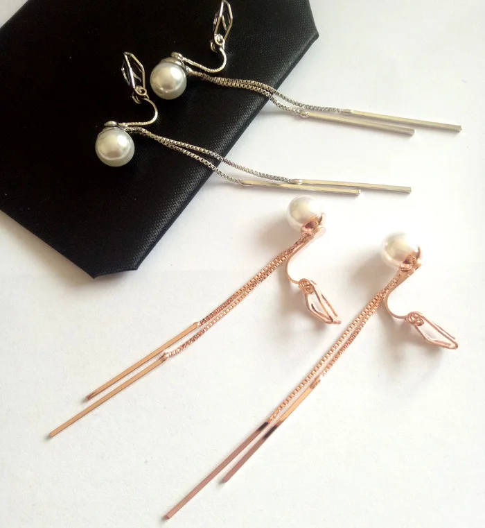 Корейские модные длинные клипсы с имитацией жемчуга и кисточками серьги без