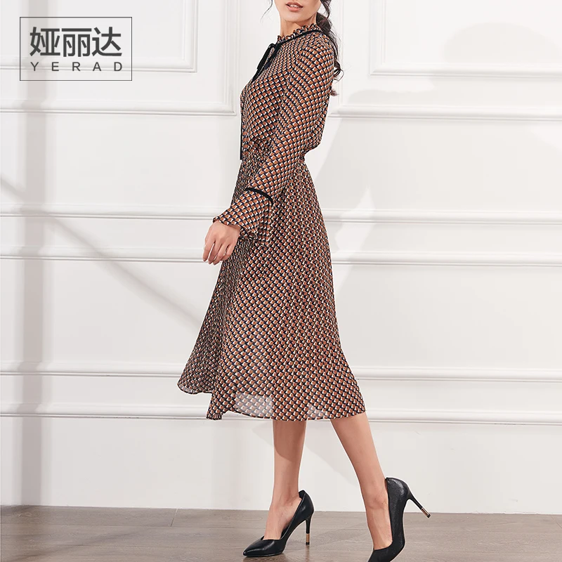Yerad Для женщин Мода 2017 г. с длинным рукавом Осень принт шифоновое платье