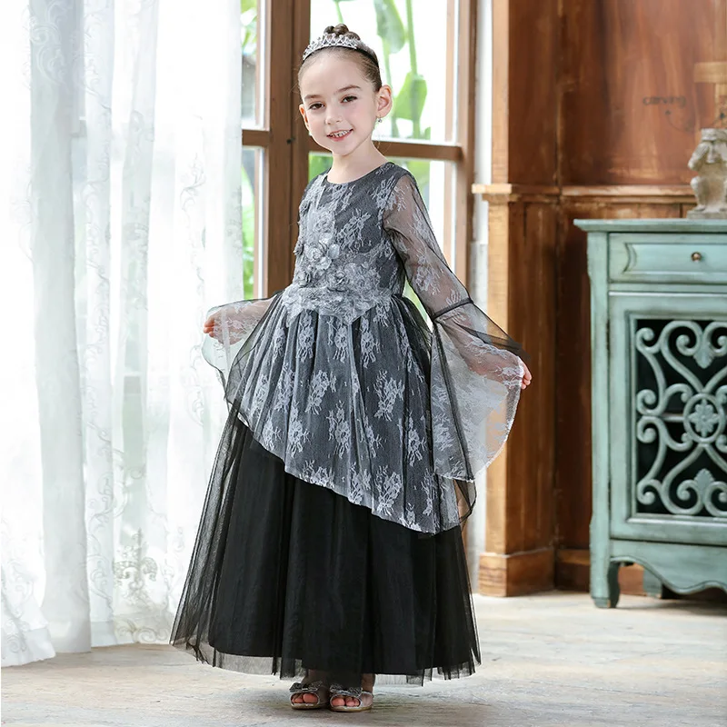 

Girls 3-12Y Winter Autumn O-neck Ankle Length Long Flare Sleeve Lace Gauze Dress Fashion Ball Gown Costume Princess Girl Dresses