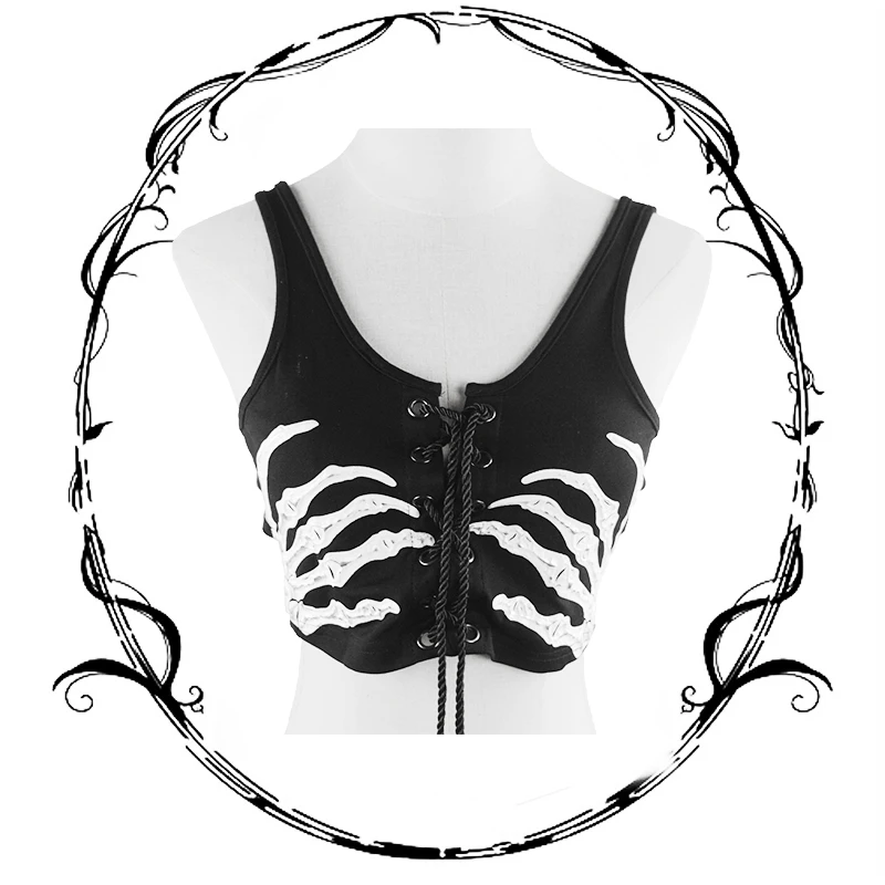 

Summer solid tanks womens sexy crop top halter top skeleton fingers print vest