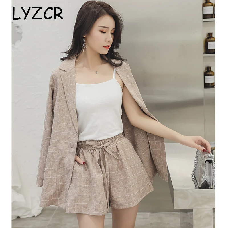 Lyzcr Plaid Office 2 Piece Suit Set Women Plus Size Summer Womens Tops And Shorts Sets two Women‘s large | Женская одежда