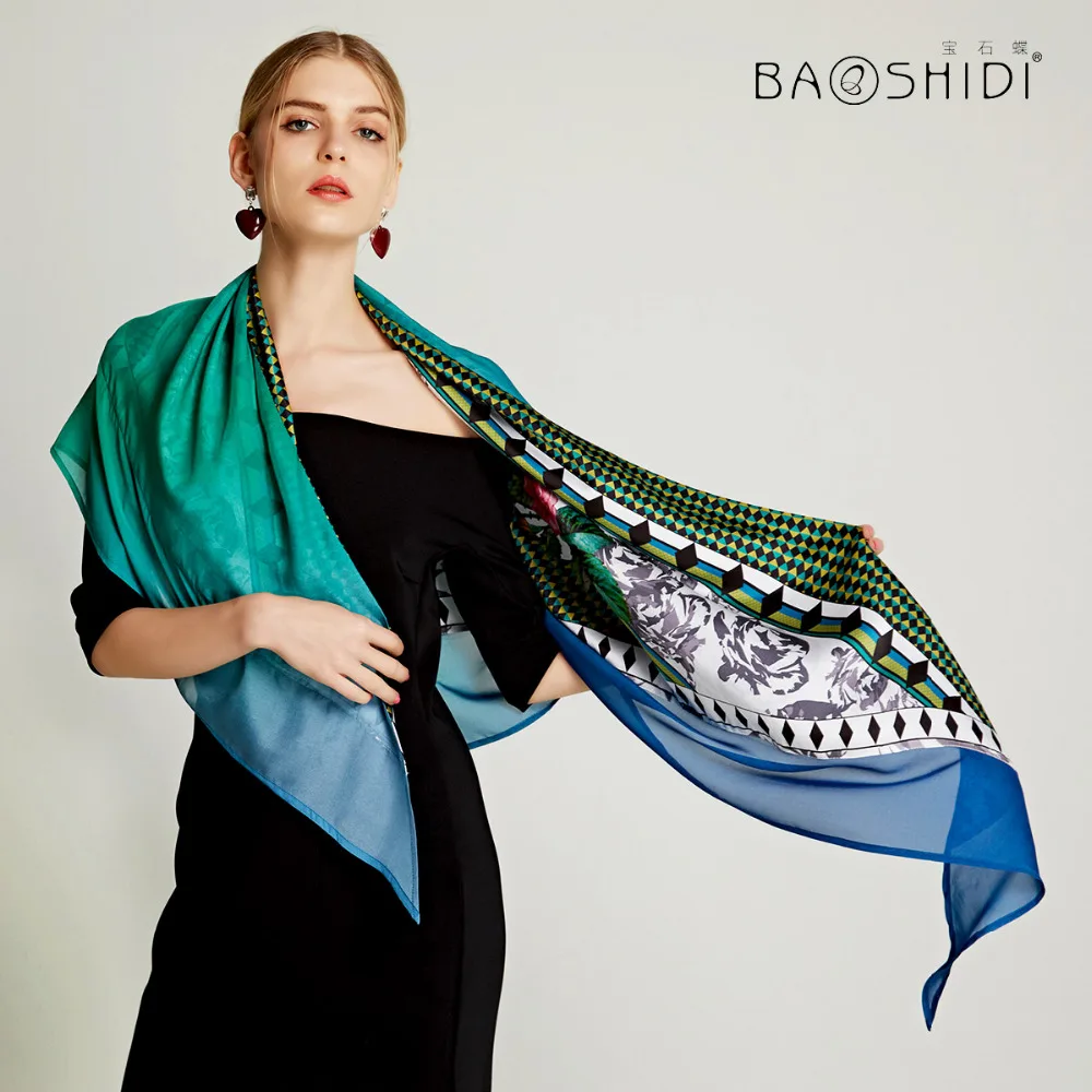 Женский шарф BAOSHIDI двухслойный треугольная шаль из 100% шелка лето 2017 |