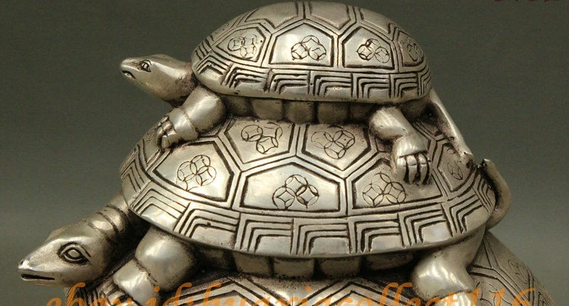 9 Folk Chinese Silver Animals Longevity 3 Dragon Gold Money Turtle XuanWu Statue |