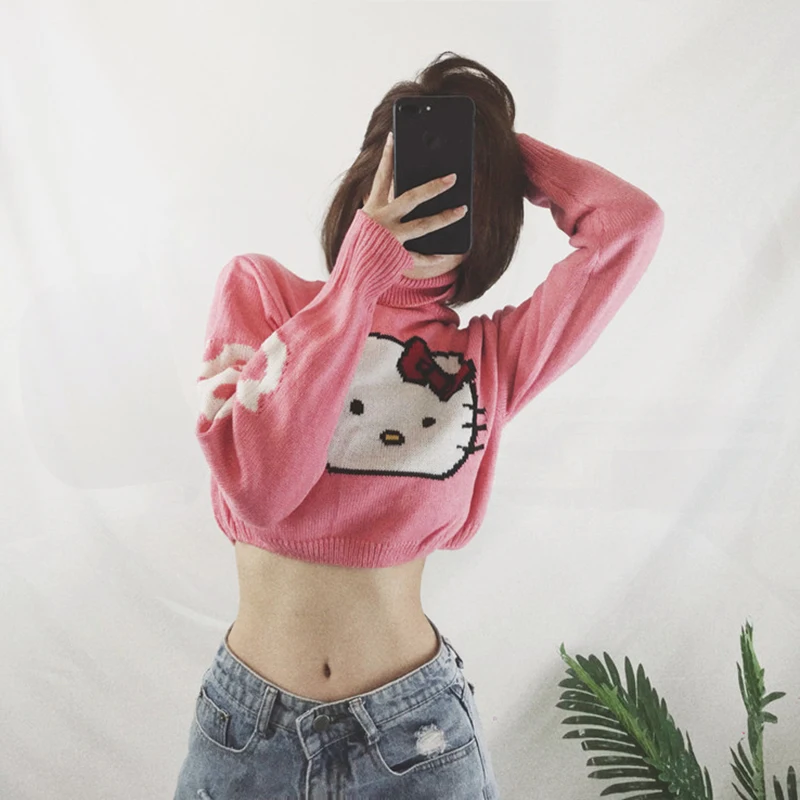women turtleneck kitty crop sweater fashion character sweet sexy short knit top long sleeve cartoon pink 2019 pullover | Женская одежда