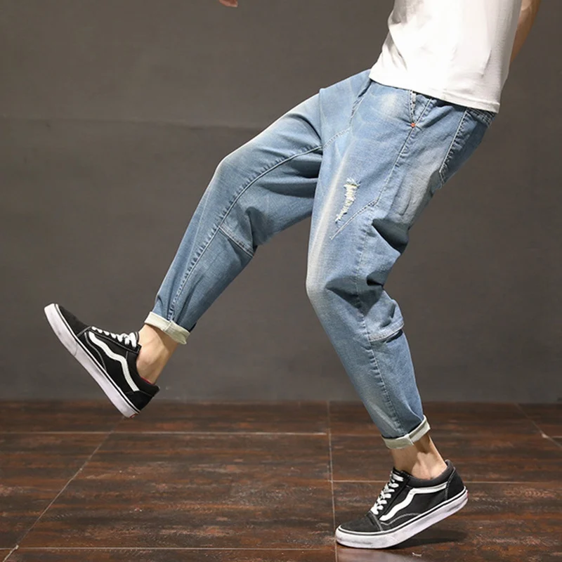 

2021 New Summer jeans men's loose plus size XL hole harem pants tide brand big size pants men