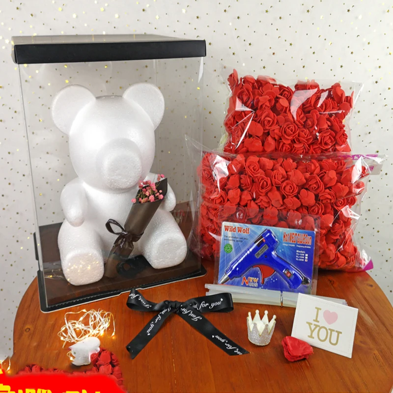 

DIY Rose Bear Accessories Bag Foam Bear Mold 200PCS PE Artificial Rose Flower Heads Rose Bear Luck Dog Mold