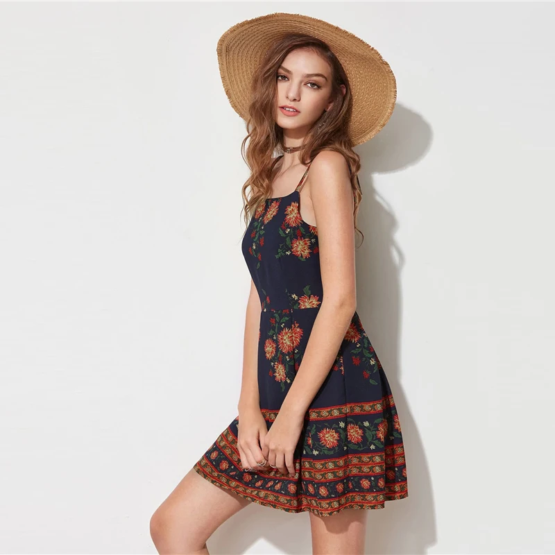 COLROVIE Floral Print Sleeveless Boho Cami Short Dress Women Summer Holiday Sundress Vacation Flared Sexy Girly Dresses