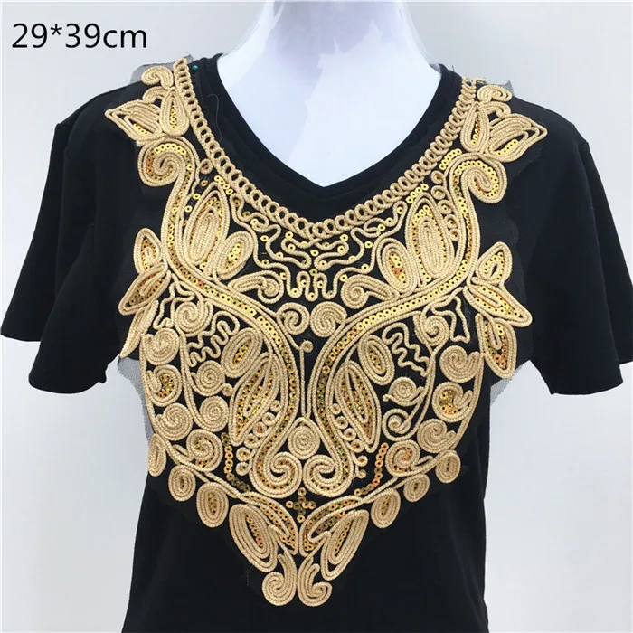 GoldNeckline0034 1 шт. золотая вышивка в этническом стиле воротник Венеция с блестками Цветочная вышивка аппликация кружевной вырез воротник аксессуары для одежды - Цвет: GoldNeckline0034