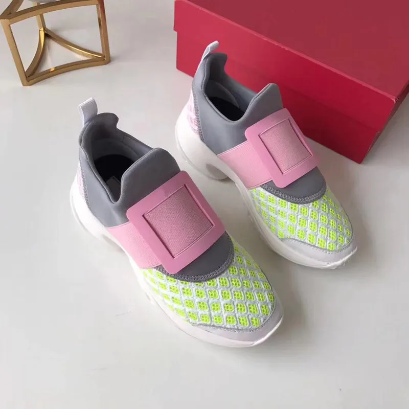 Hot Crystal Square Buckle Mesh Sneakers Women Genuine Leather Platform Thick bottom Flat Breathe Shoes Casual Shoes For Women
