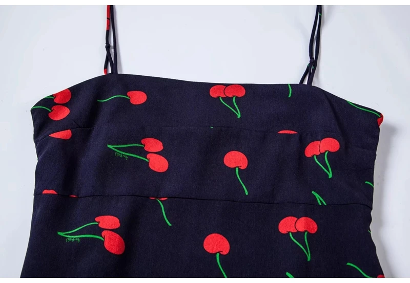 Robe femme ete/, американское винтажное платье 90 s, платье с принтом вишни на Рождество, милое тонкое платье на бретелях