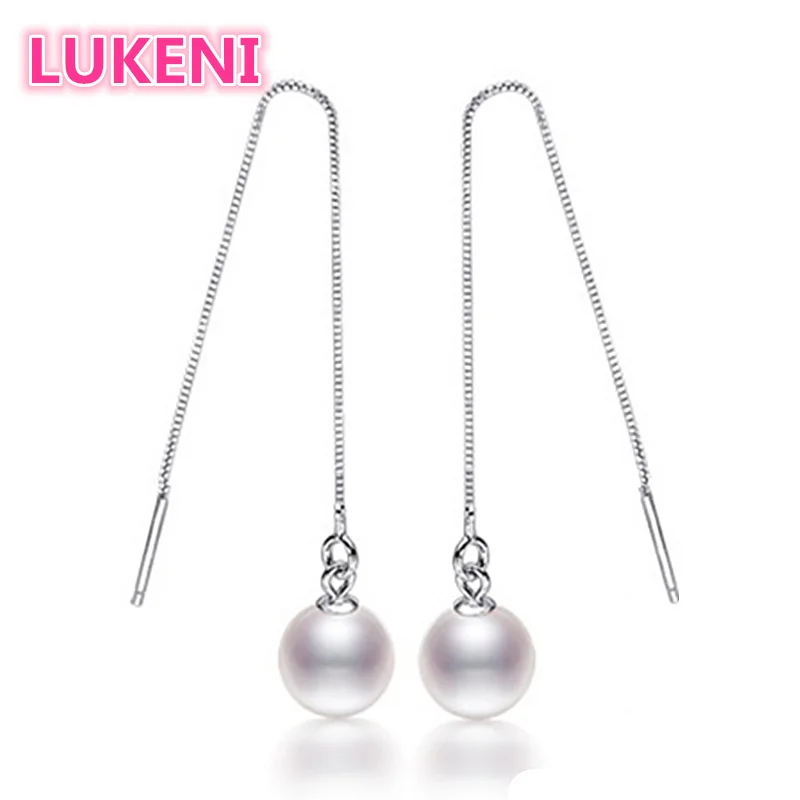 R Luxury fashion Earrings for women S925 Sterling Silver Ear line 9-10mm natural Perfect round Pearl drop Free shipping | Украшения и