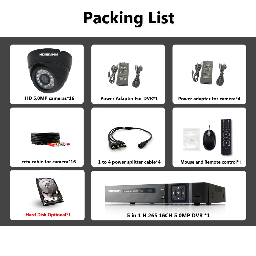Система видеонаблюдения 5 МП Ultra HD 16CH DVR H.265 + CCTV Camera 16PCS 5MP System IR indoor Night Vision комплект