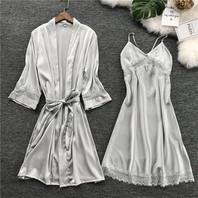 Lisacmvpnel Sexy Lace Women Robe Set Spaghetti Strap Rayon With Removable Pad Nightdress+Robe Sleepwear | Женская одежда