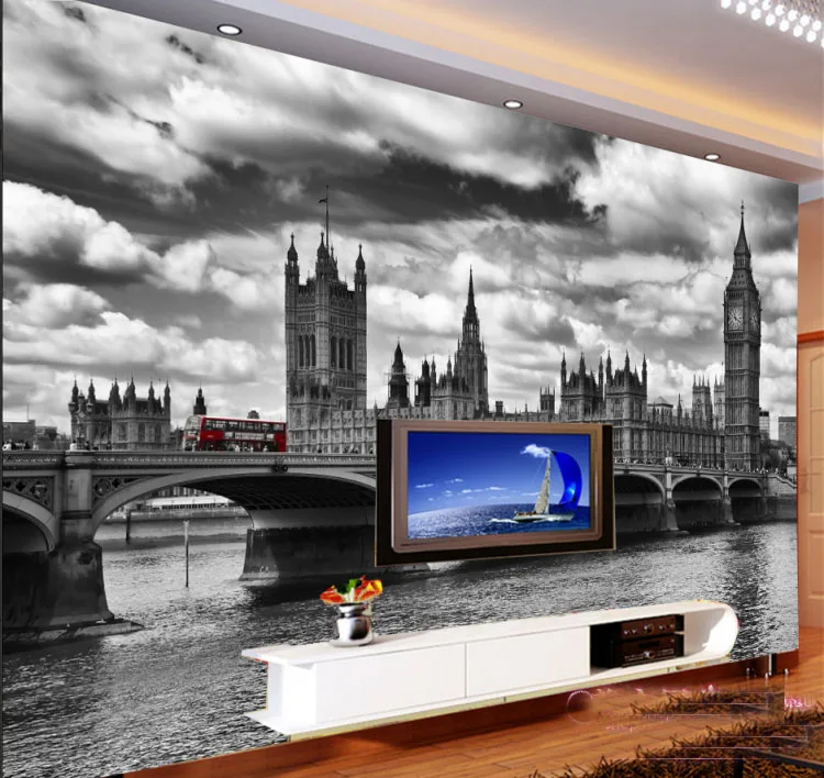 

Vintage 3D Papel Murals City Building scenery black&white Big Ben 3d Photo Mural Silk Wallpaper for living room TV background