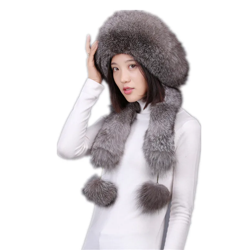 Russian fur hats for women winter natural fox fur &rex rabbit fur caps with earflap & fur pom pom warm thicken scarf  H151