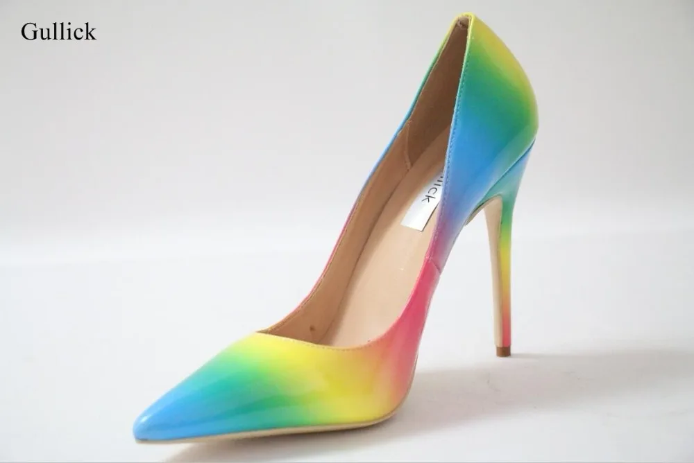 

Sexy Rainbow Patent Leather Wedding Shoes Bride Pointed Toe 12CM Stiletto Heels Pumps Women Shoes Customized Real Photo