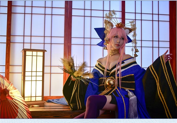 Аниме кимоно FGO Fate/Экстра tamamo no Mae голубой костюм для косплея Платье Великолепное кимоно A