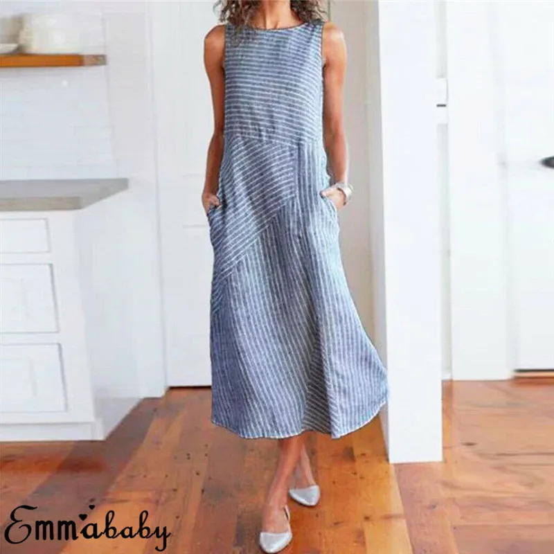 Синий Сексуальные женские свободные платья Boho, летнее пляжное платье без рукавов, женские полосатые повседневные праздничные платья, длинное платье - Цвет: Синий
