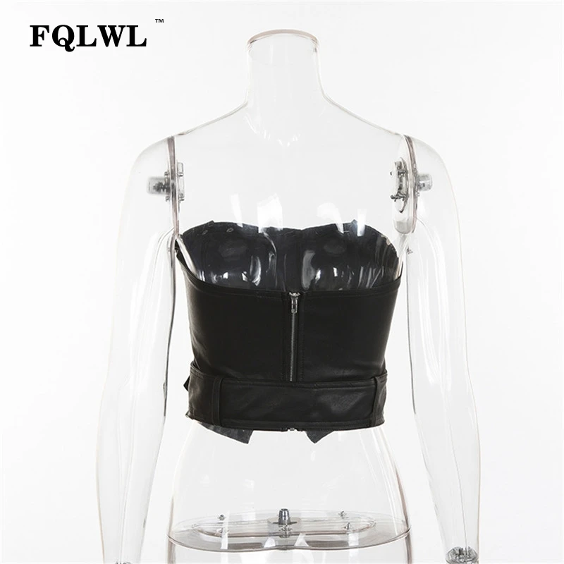 

FQLWL Pu Leather Off Shoulder Crop Top Women Strapless Sleeveless Sashes Tunic Black Tank Top Sexy Club Summer 2018 Bustier Tops