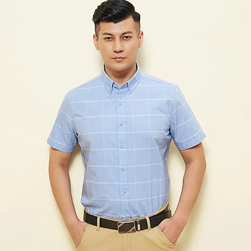 Short Sleeve Shirts Men Fashion Design Loose 100% Cotton Plaid Camisa Social Dress Check Regular fit Single Breasted CollarShirt