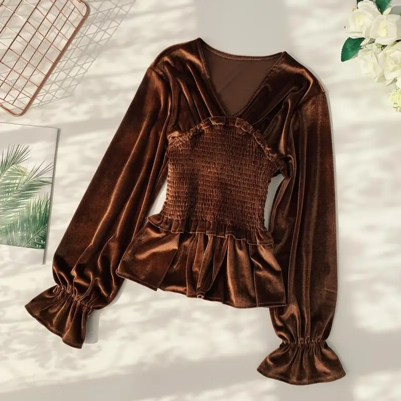2019 new fashion women's blouse shirt elegant solid color velvet V-neck elastic pleated waist versatile blusa top |
