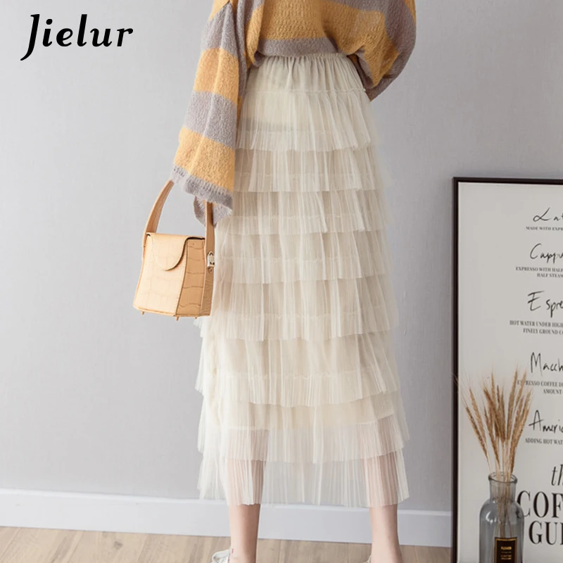 

Jielur Pleated Mesh High Waist Skirts Women 2020 Summer 4Colors A-line Korean Style Female Skirt Chicly Causal Jupe Longue Femme
