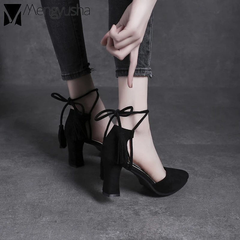 Корейский дизайн бархат кисточкой шнуровка каблучки женские вечерние туфли