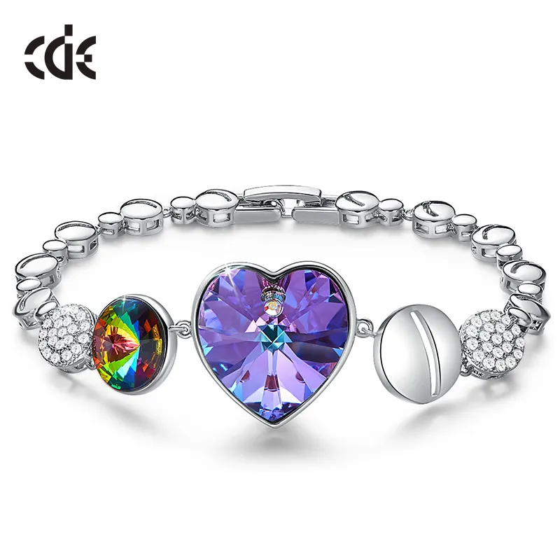 Purple CDE сердце украшенные кристаллами из браслеты Swarovski женские бижутерия амулет браслеты Фиолетовый Синий Bijoux - Цвет камня: Purple