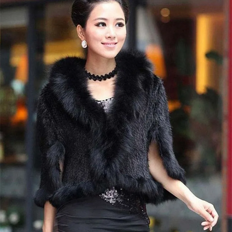 Autumn Winter Ladies' Genuine Knitted Mink Fur Shawls Fox Fur Collar Women Fur Pashmina Wraps Bridal Cape Coat Jacket