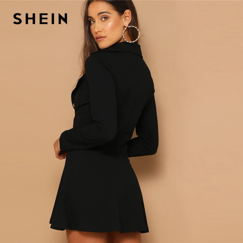 SHEIN Двубортное Платье На Молнии Женское Черное Осеннее Элегантное Платье С Длинными Рукавами